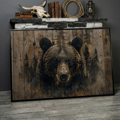 Brown Bear with Pine Trees Canvas Print in black floating frame