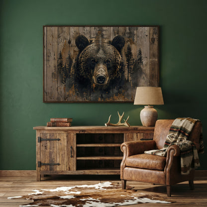 Brown Bear with Pine Trees Canvas Print in dark walnut floating frame