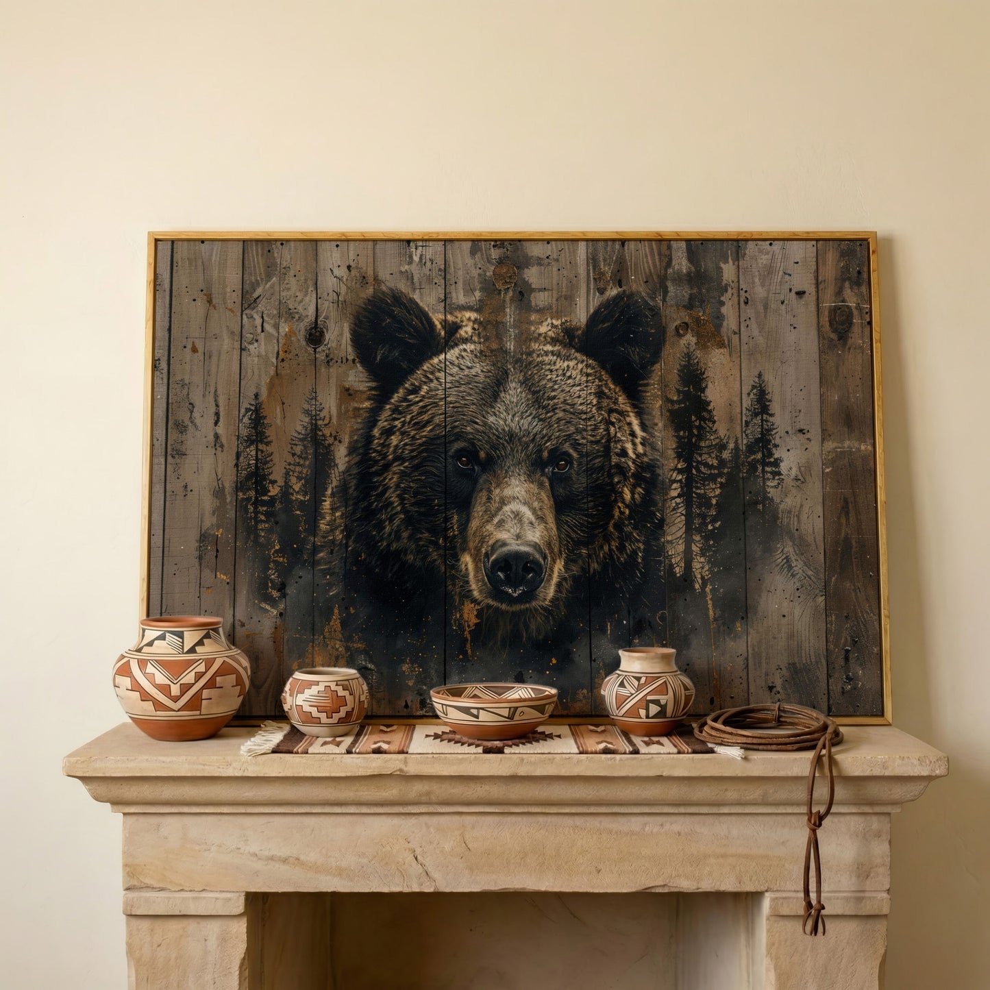Brown Bear with Pine Trees Canvas Print in white oak floating frame