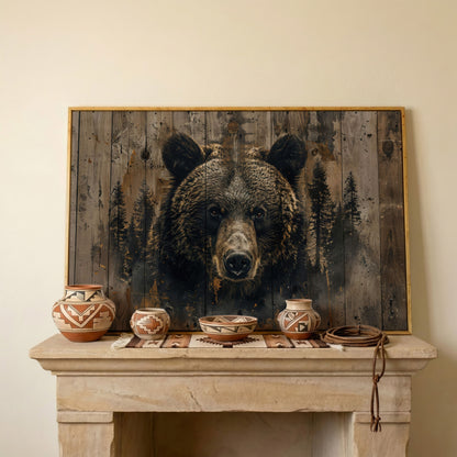 Brown Bear with Pine Trees Canvas Print in white oak floating frame