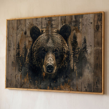 Brown Bear with Pine Trees Canvas Print shown in white oak floating frame