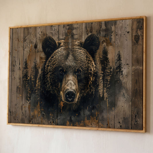 Brown Bear with Pine Trees Canvas Print shown in white oak floating frame