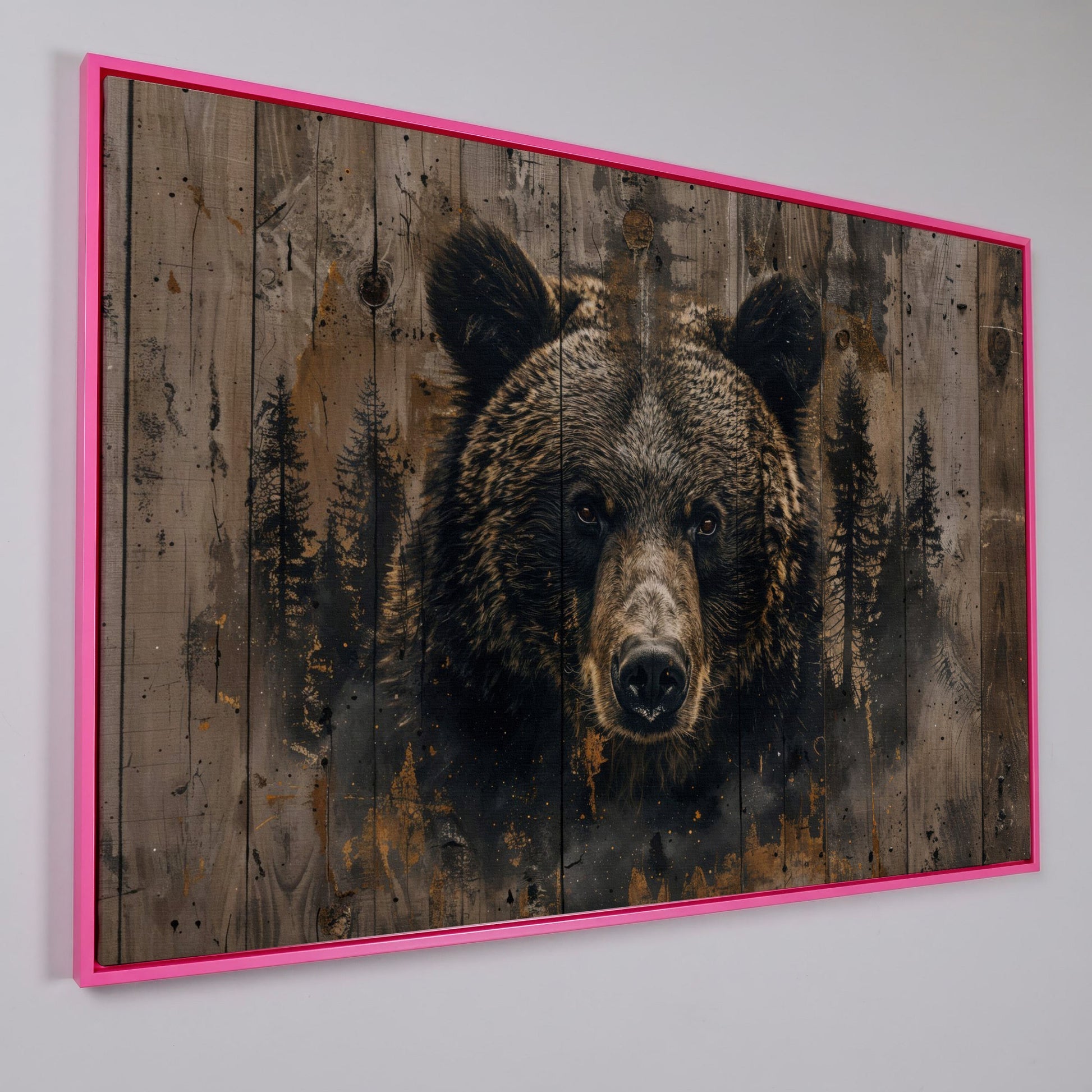 Brown Bear with Pine Trees Canvas Print in pink floating frame