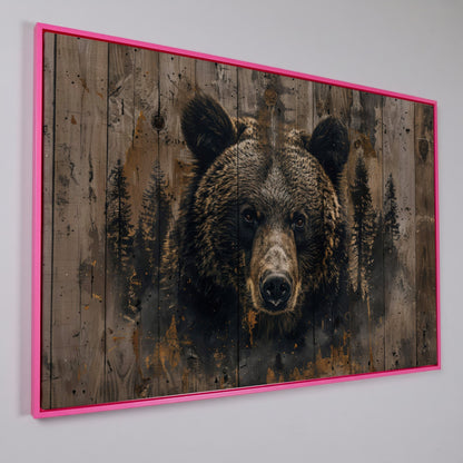 Brown Bear with Pine Trees Canvas Print in pink floating frame