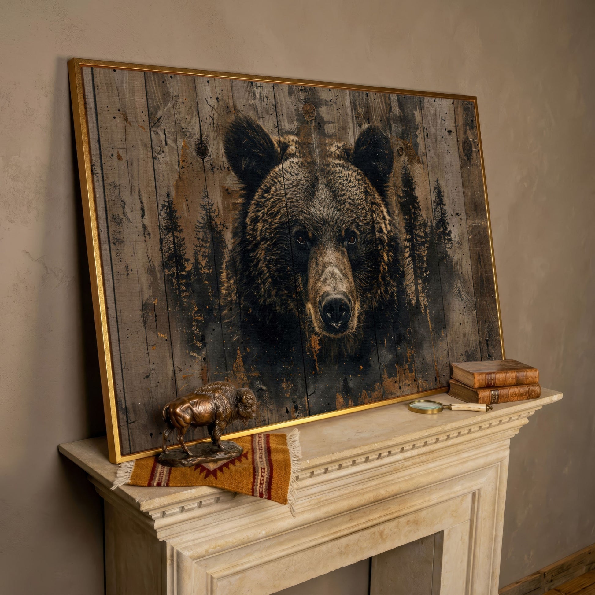 Brown Bear with Pine Trees Canvas Print in rose gold floating frame