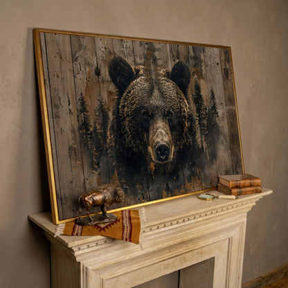 Brown Bear with Pine Trees Canvas Print in rose gold floating frame
