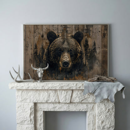 Brown Bear with Pine Trees Canvas Print in silver floating frame