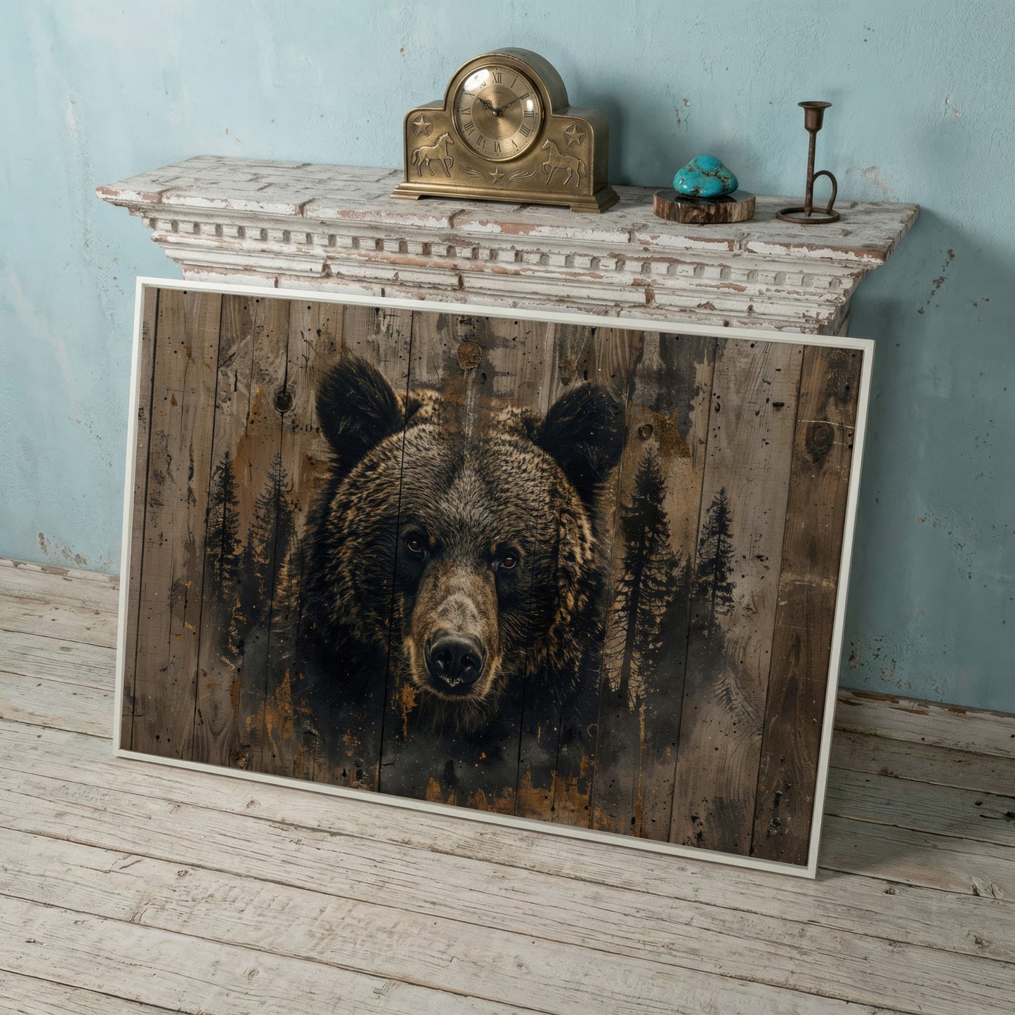 Brown Bear with Pine Trees Canvas Print in white floating frame