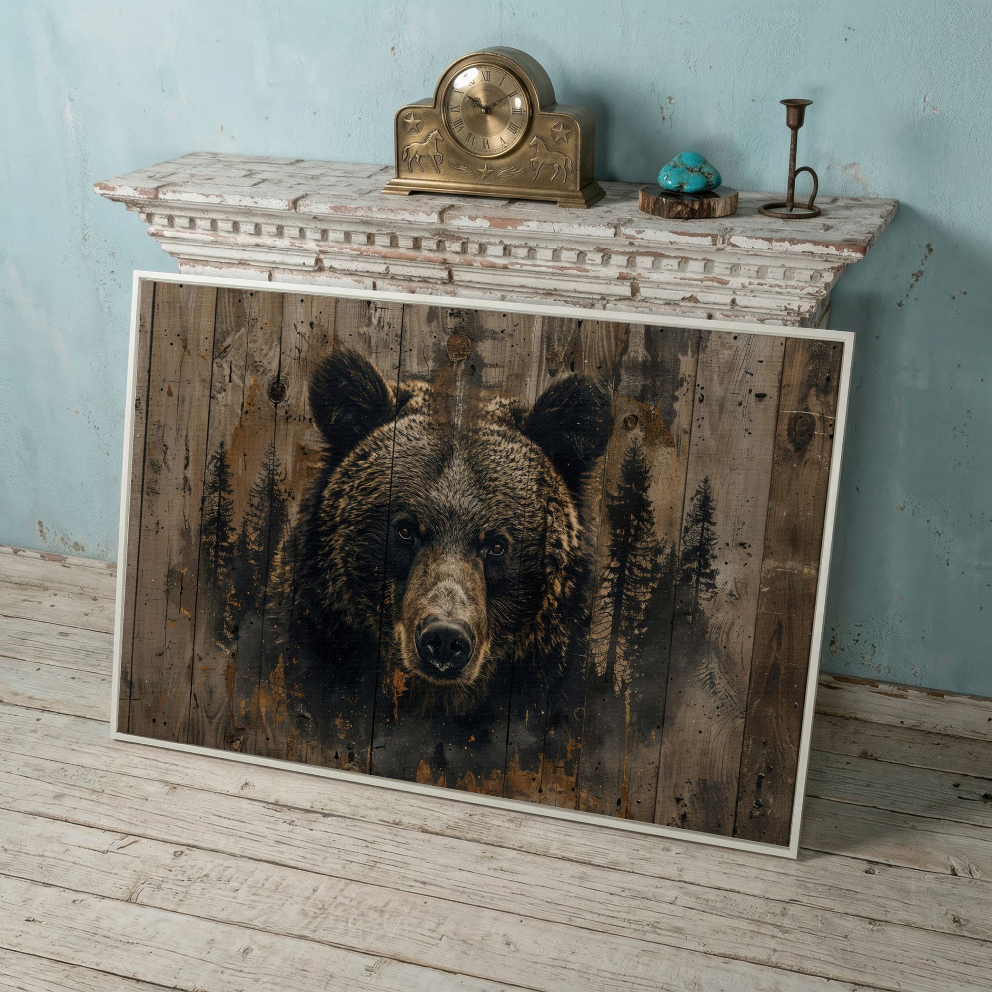 Brown Bear with Pine Trees Canvas Print in white floating frame