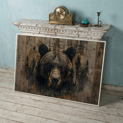 Brown Bear with Pine Trees Canvas Print in white floating frame