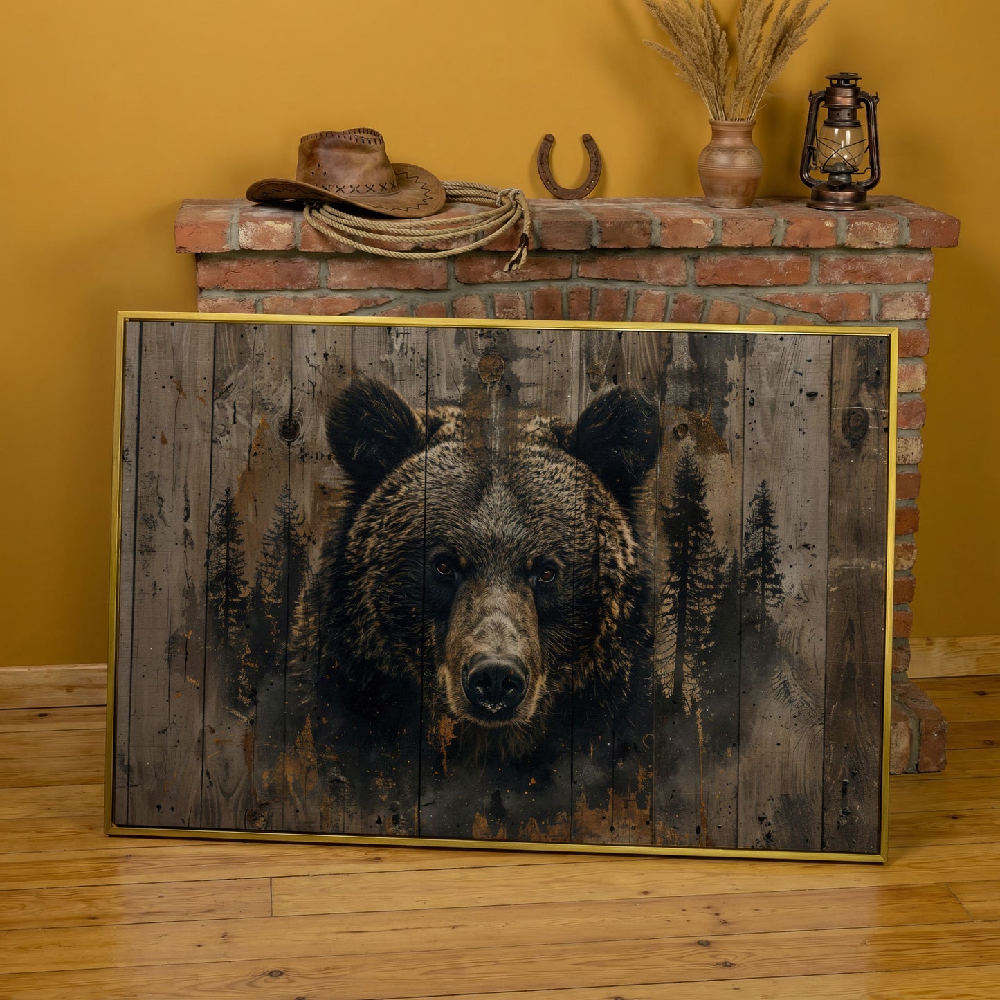 Brown Bear with Pine Trees Canvas Print in yellow gold floating frame