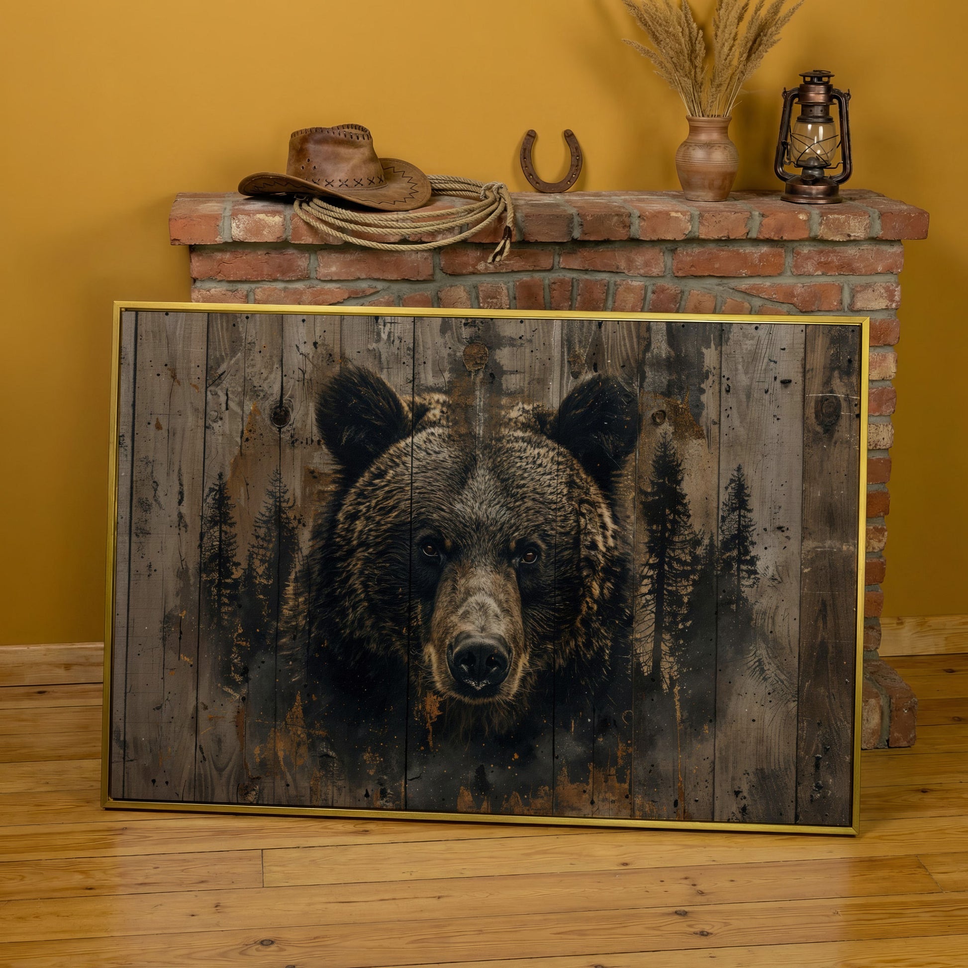 Brown Bear with Pine Trees Canvas Print in yellow gold floating frame