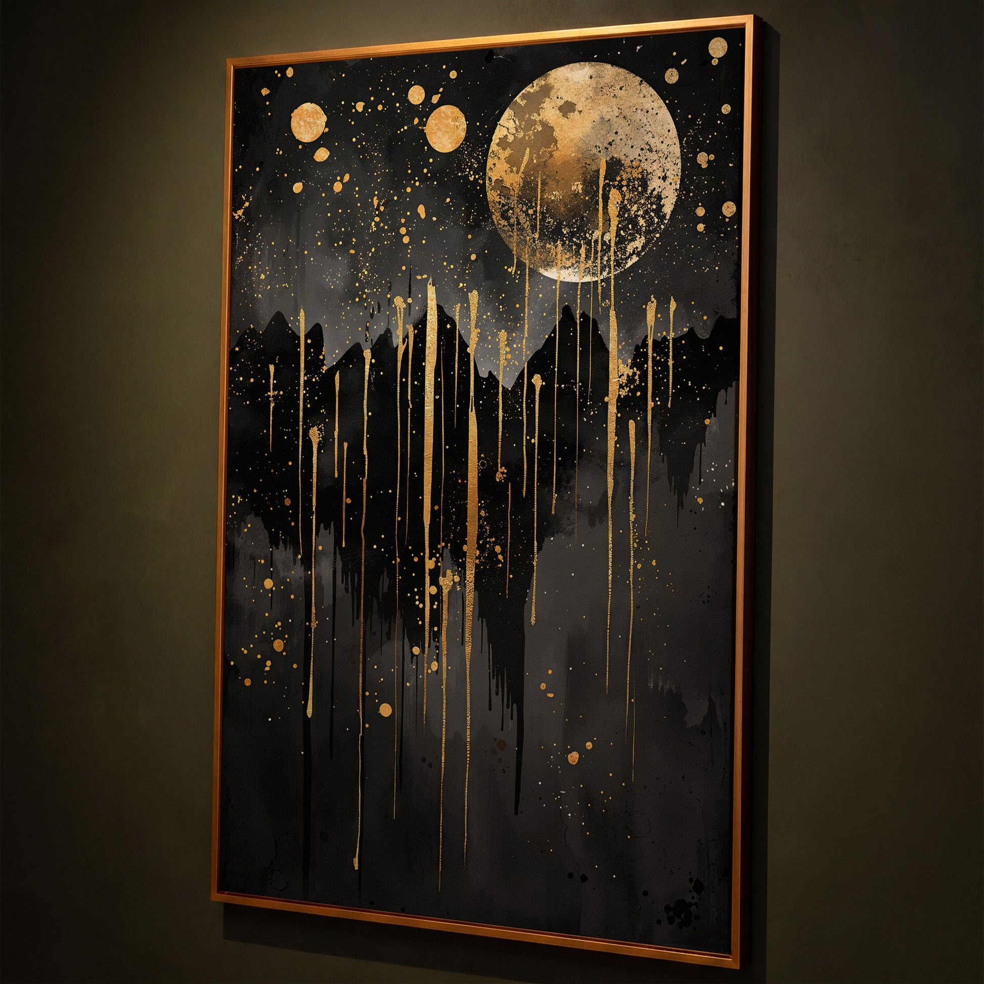 Moonlit Splendor Night Sky Canvas Print shown in antique gold floating frame