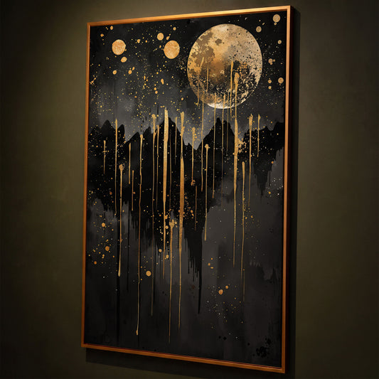 Moonlit Splendor Night Sky Canvas Print shown in antique gold floating frame