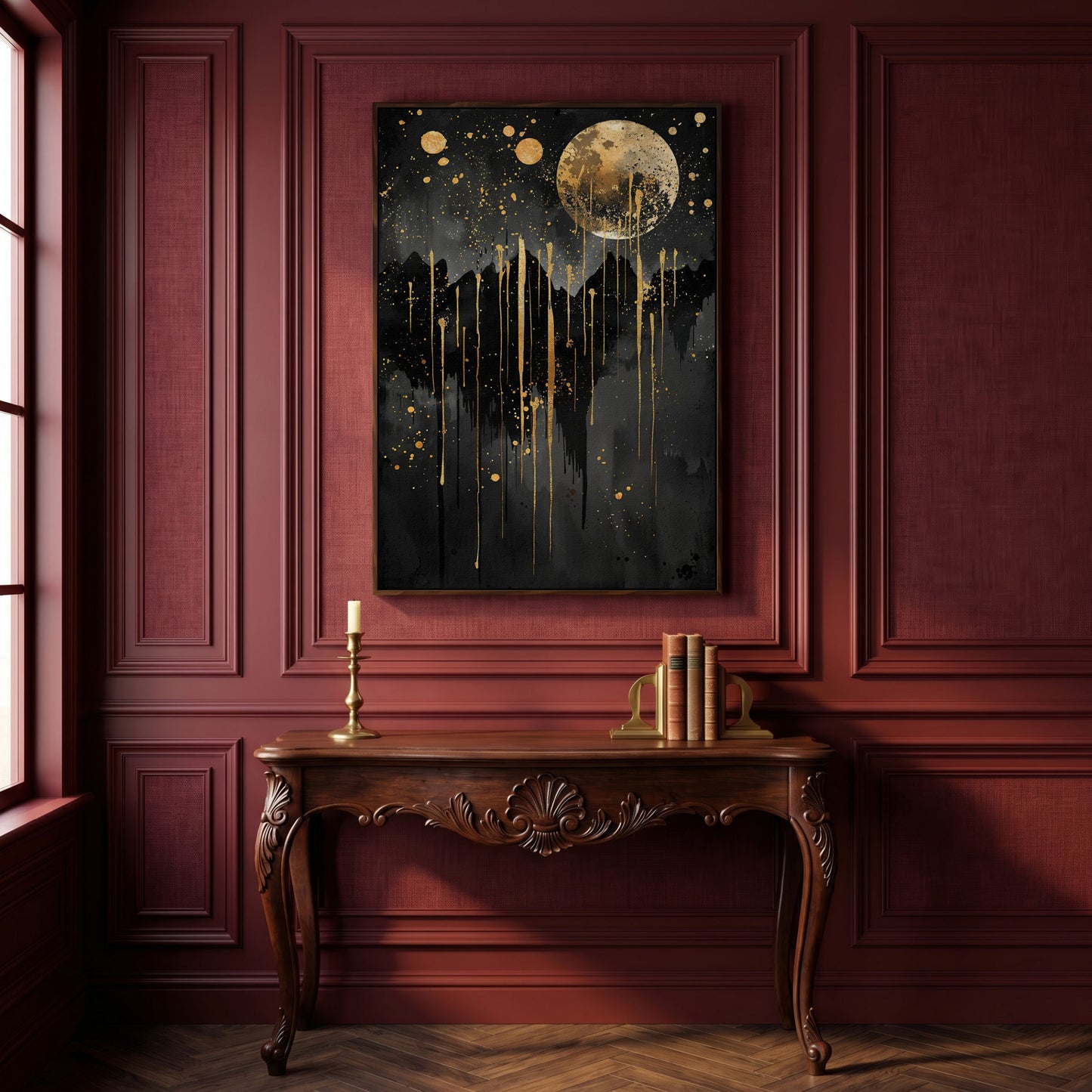 Moonlit Splendor Night Sky Canvas Print in dark walnut floating frame