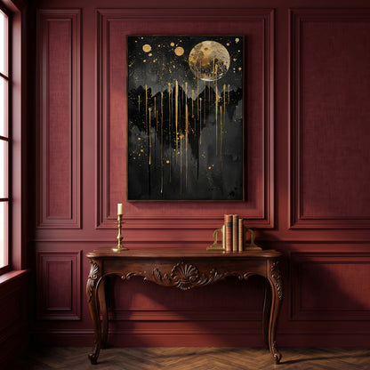 Moonlit Splendor Night Sky Canvas Print in dark walnut floating frame