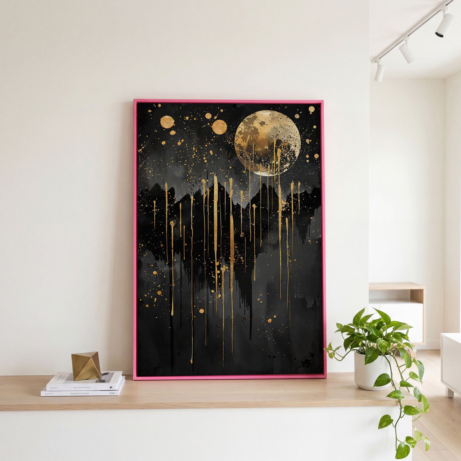 Moonlit Splendor Night Sky Canvas Print in pink floating frame
