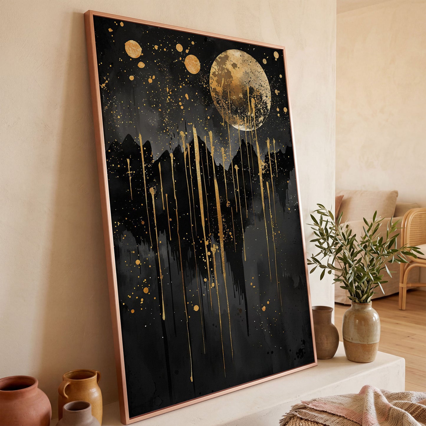 Moonlit Splendor Night Sky Canvas Print in rose gold floating frame