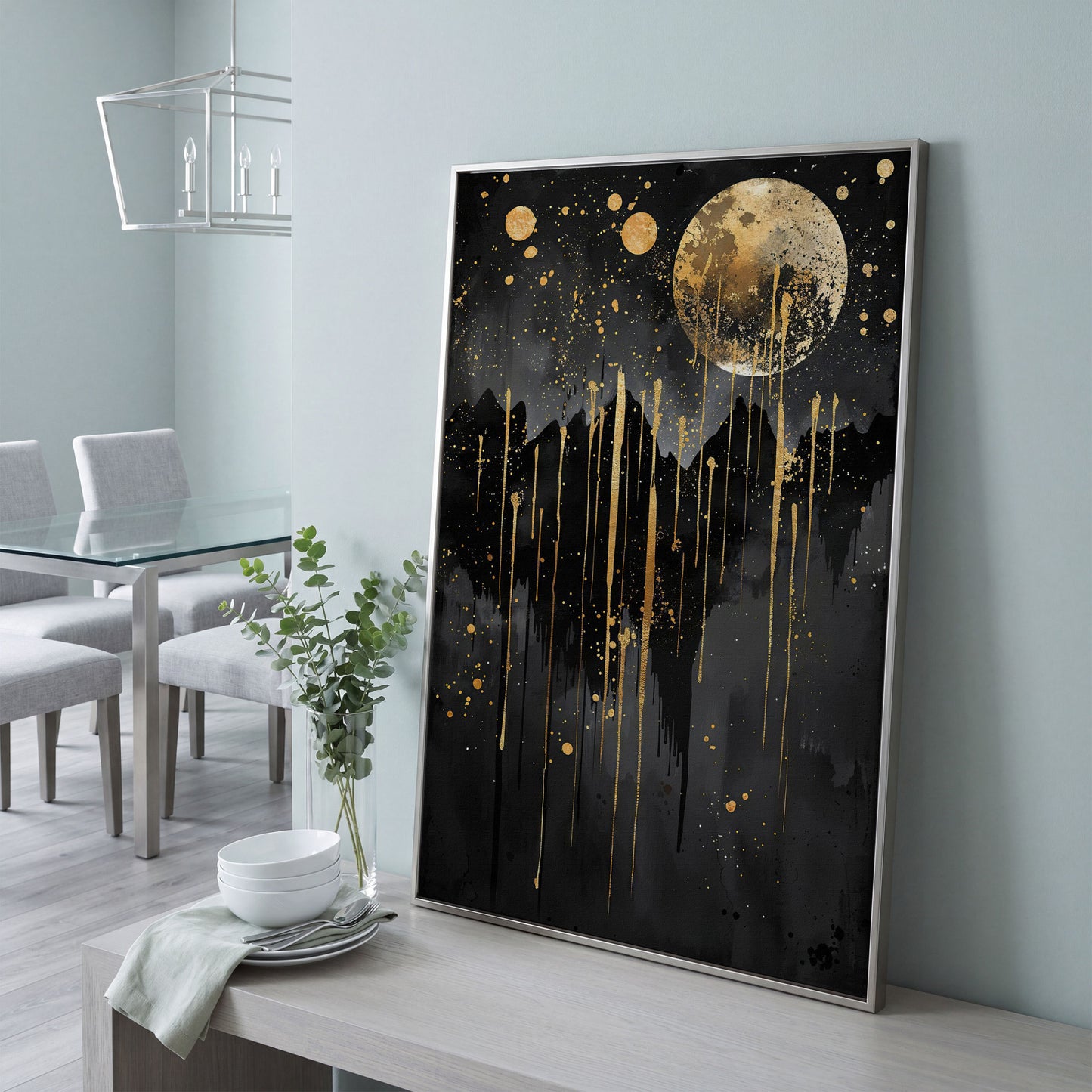 Moonlit Splendor Night Sky Canvas Print in silver floating frame