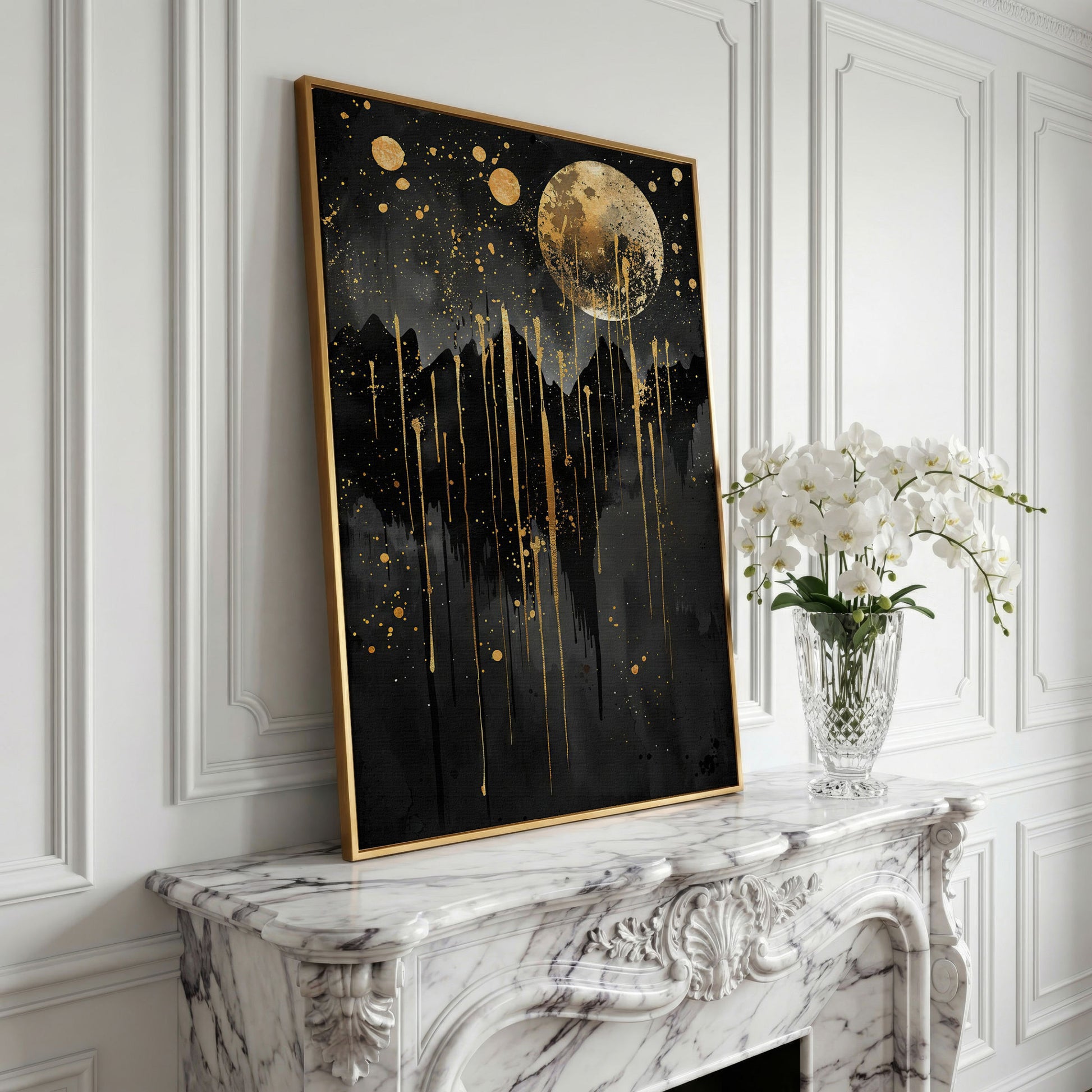Moonlit Splendor Night Sky Canvas Print in yellow gold floating frame