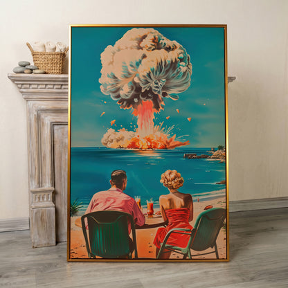 Surreal Picnic Couple Canvas Print with Dark Humor in antique gold floating frame