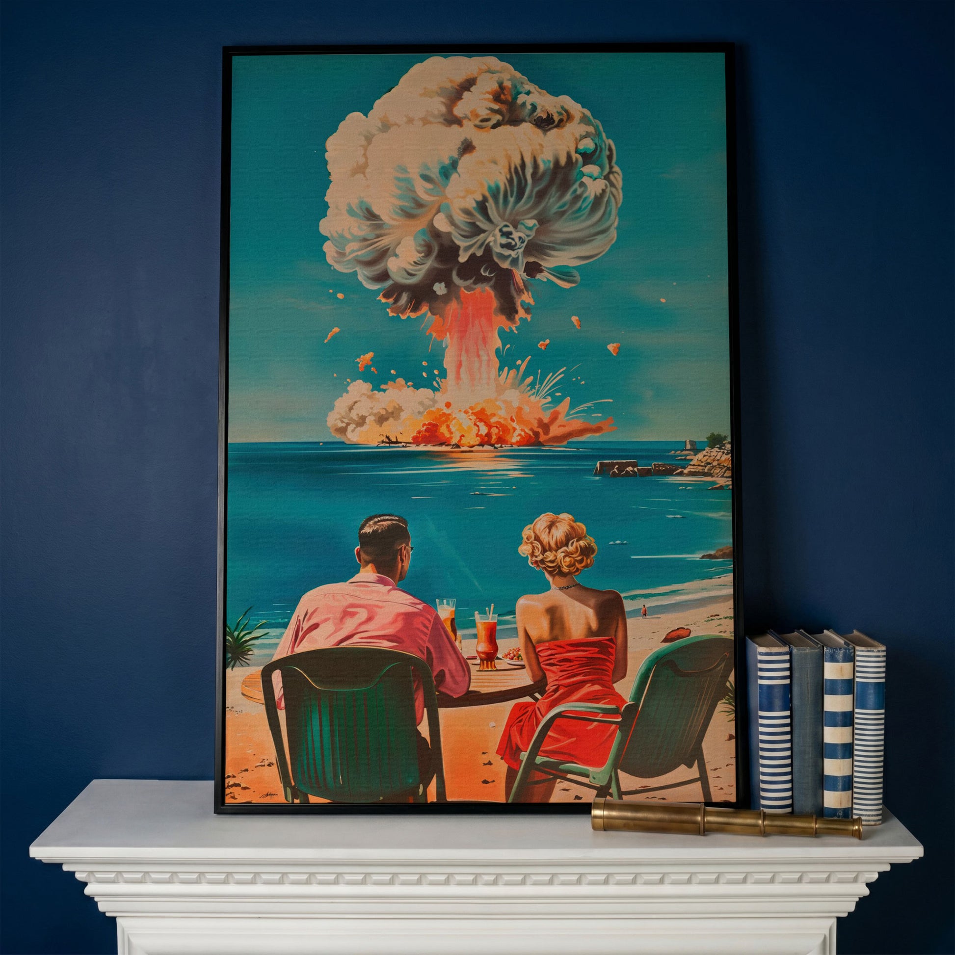 Surreal Picnic Couple Canvas Print with Dark Humor in black floating frame