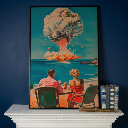 Surreal Picnic Couple Canvas Print with Dark Humor in black floating frame