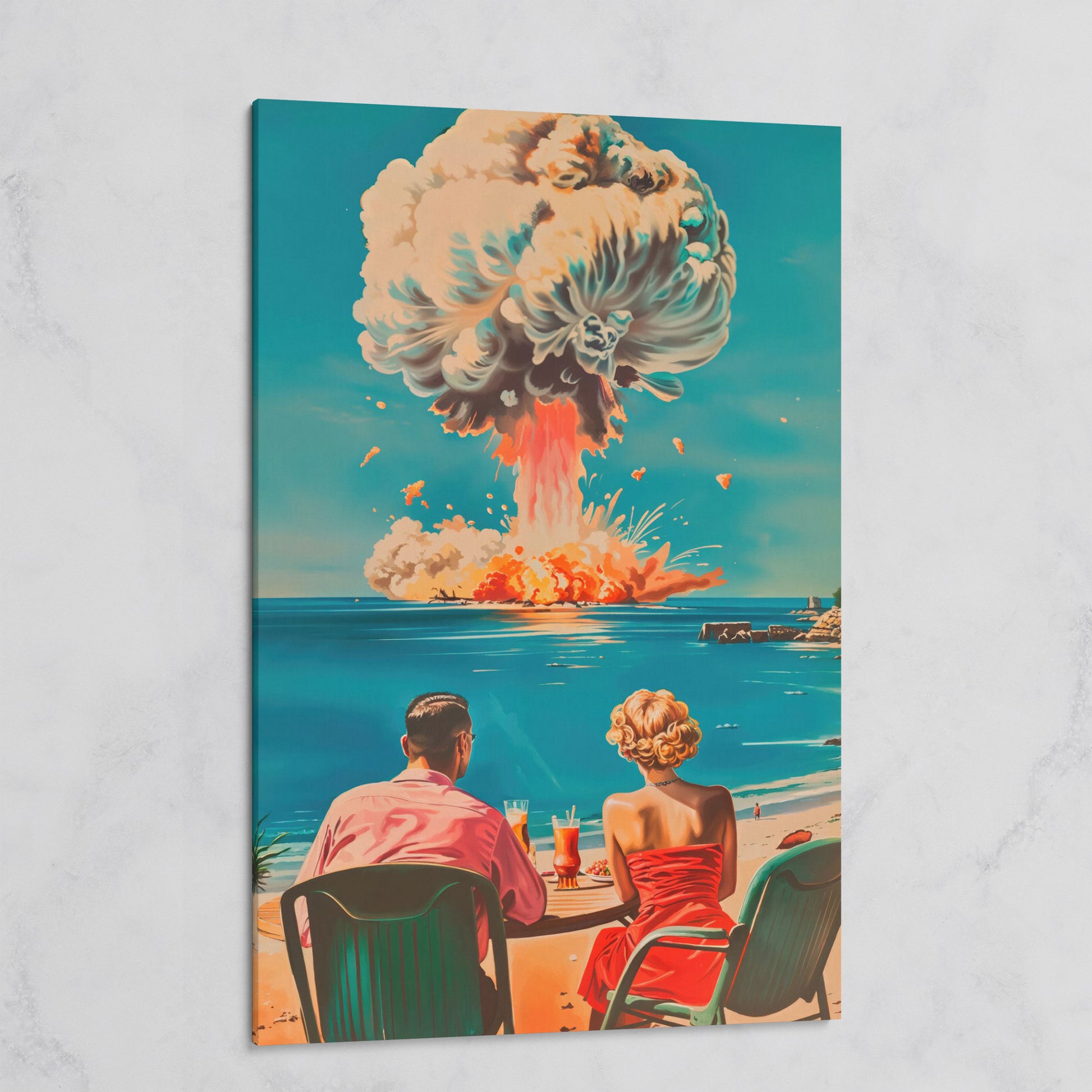 Surreal Picnic Couple Canvas Print with Dark Humor on gallery wrap