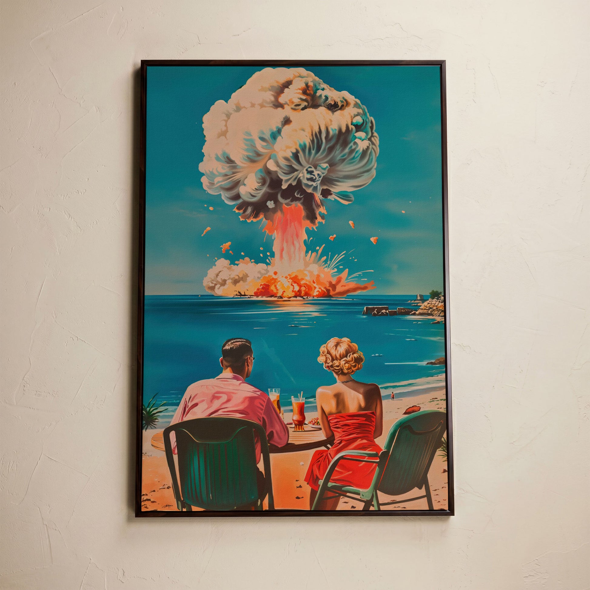 Surreal Picnic Couple Canvas Print with Dark Humor in dark walnut floating frame