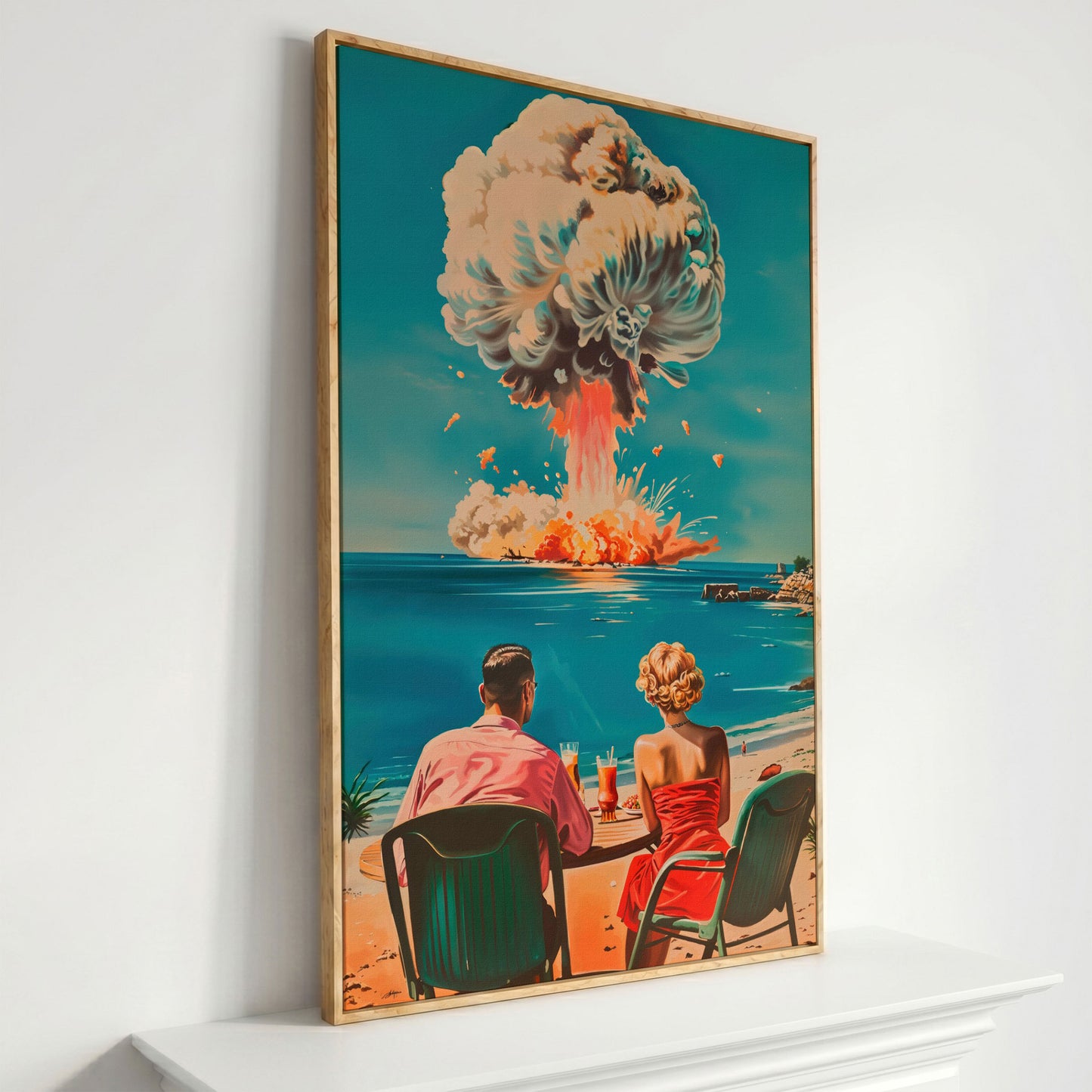 Surreal Picnic Couple Canvas Print with Dark Humor in white oak floating frame