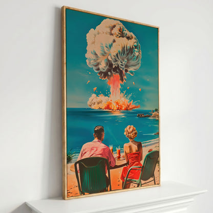 Surreal Picnic Couple Canvas Print with Dark Humor in white oak floating frame