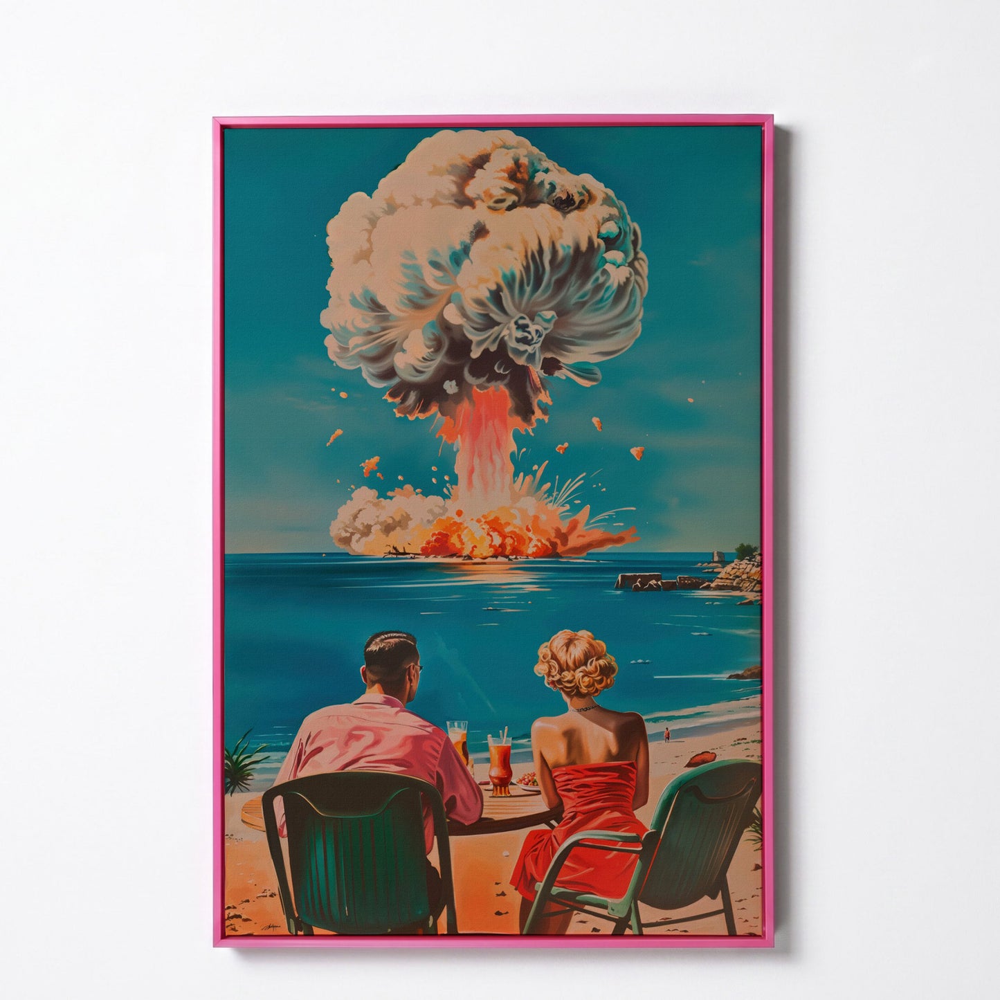 Surreal Picnic Couple Canvas Print with Dark Humor in pink floating frame