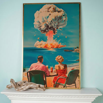 Surreal Picnic Couple Canvas Print with Dark Humor in rose gold floating frame
