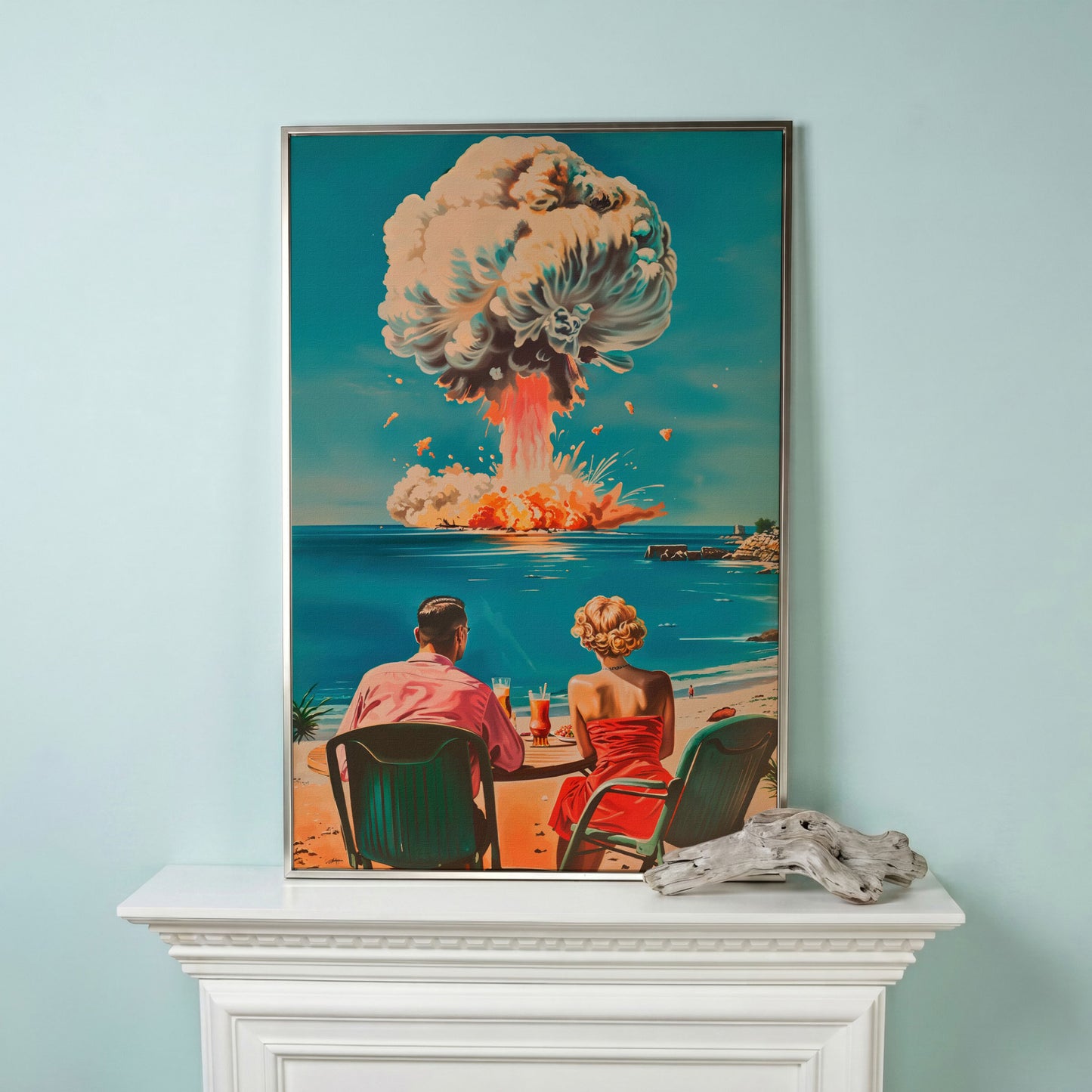 Surreal Picnic Couple Canvas Print with Dark Humor in silver floating frame