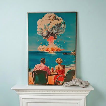 Surreal Picnic Couple Canvas Print with Dark Humor in silver floating frame