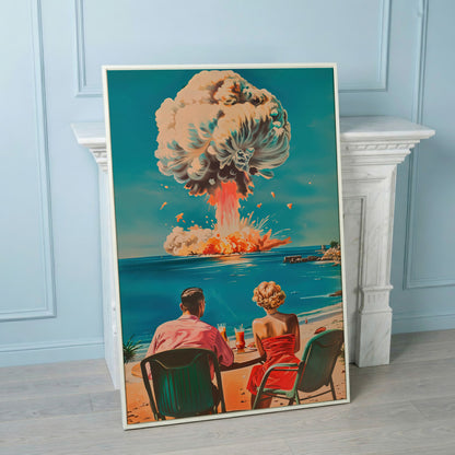 Surreal Picnic Couple Canvas Print with Dark Humor in white floating frame