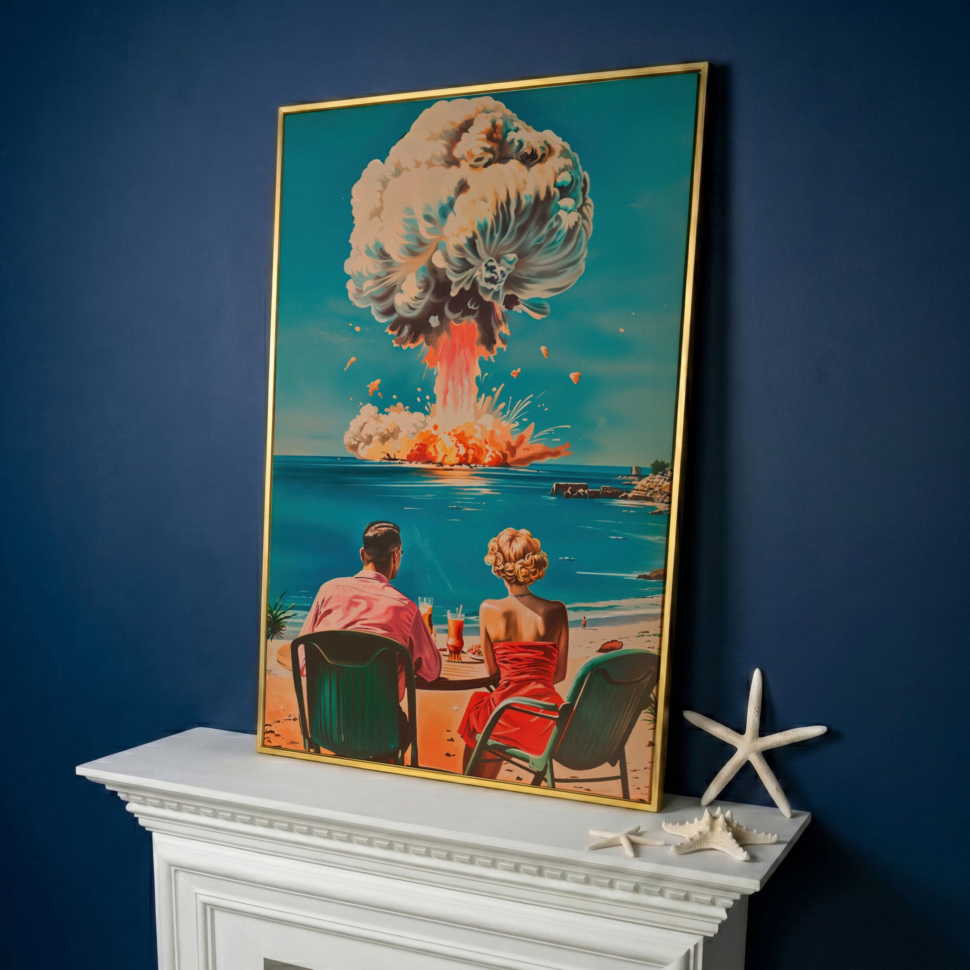 Surreal Picnic Couple Canvas Print with Dark Humor in yellow gold floating frame