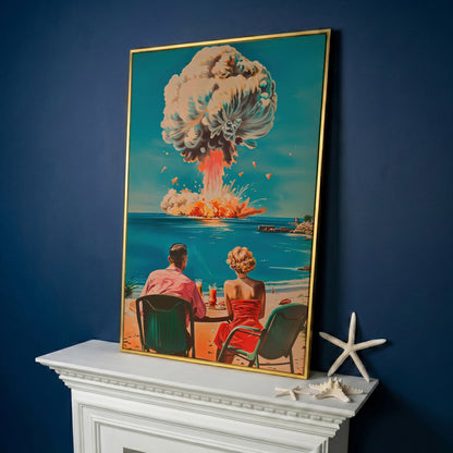 Surreal Picnic Couple Canvas Print with Dark Humor in yellow gold floating frame
