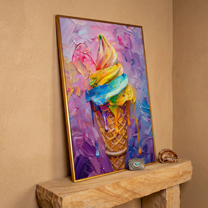 Rainbow Ice Cream Canvas Print for Kids in antique gold floating frame