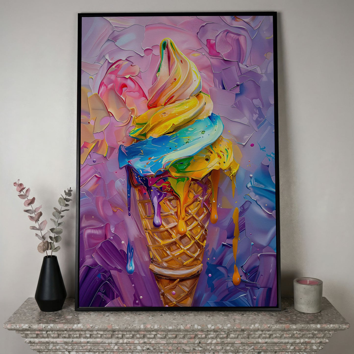 Rainbow Ice Cream Canvas Print for Kids in black floating frame