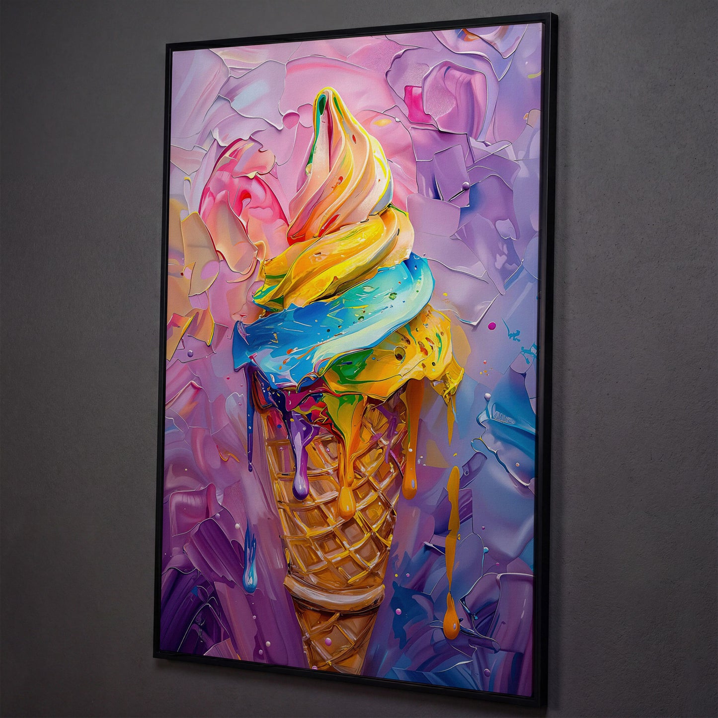 Rainbow Ice Cream Canvas Print for Kids shown in black floating frame