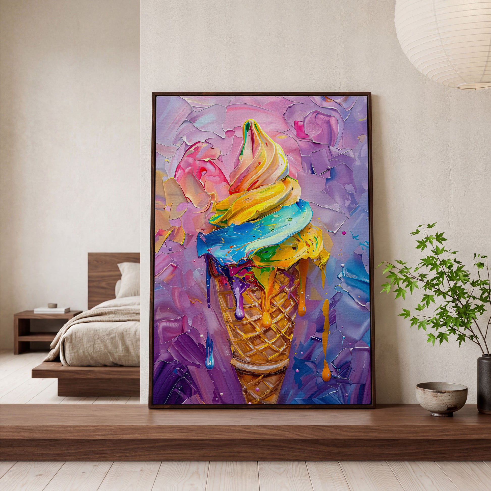 Rainbow Ice Cream Canvas Print for Kids in dark walnut floating frame