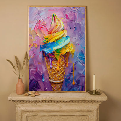 Rainbow Ice Cream Canvas Print for Kids in white oak floating frame