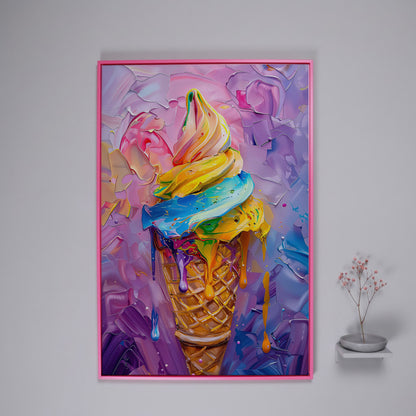 Rainbow Ice Cream Canvas Print for Kids in pink floating frame