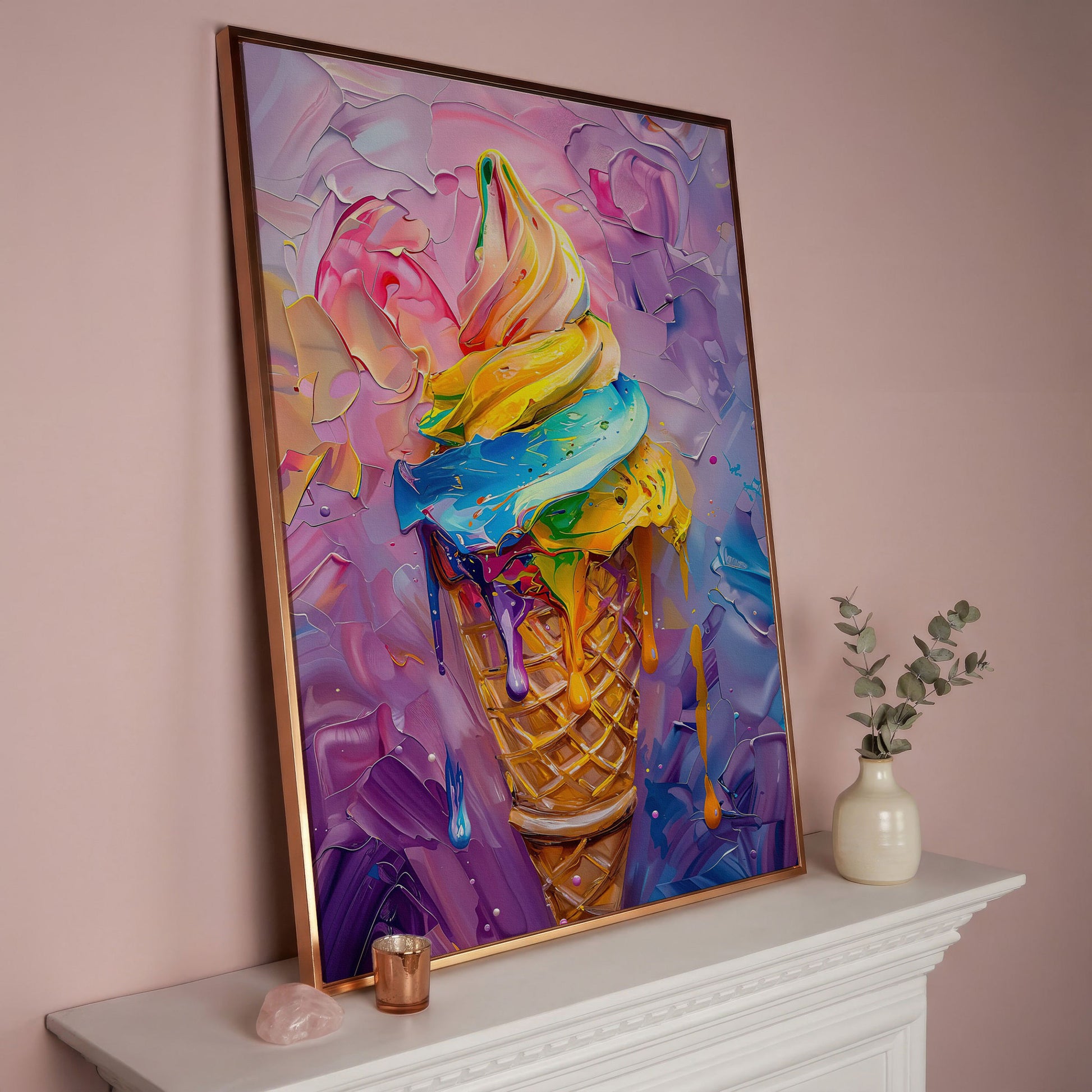 Rainbow Ice Cream Canvas Print for Kids in rose gold floating frame