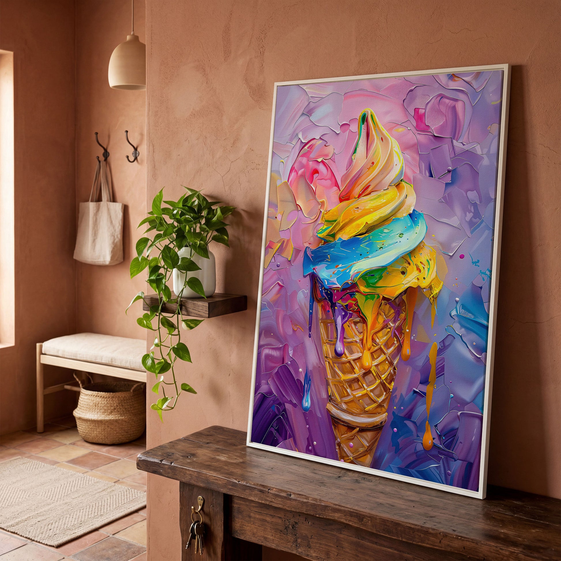 Rainbow Ice Cream Canvas Print for Kids in white floating frame