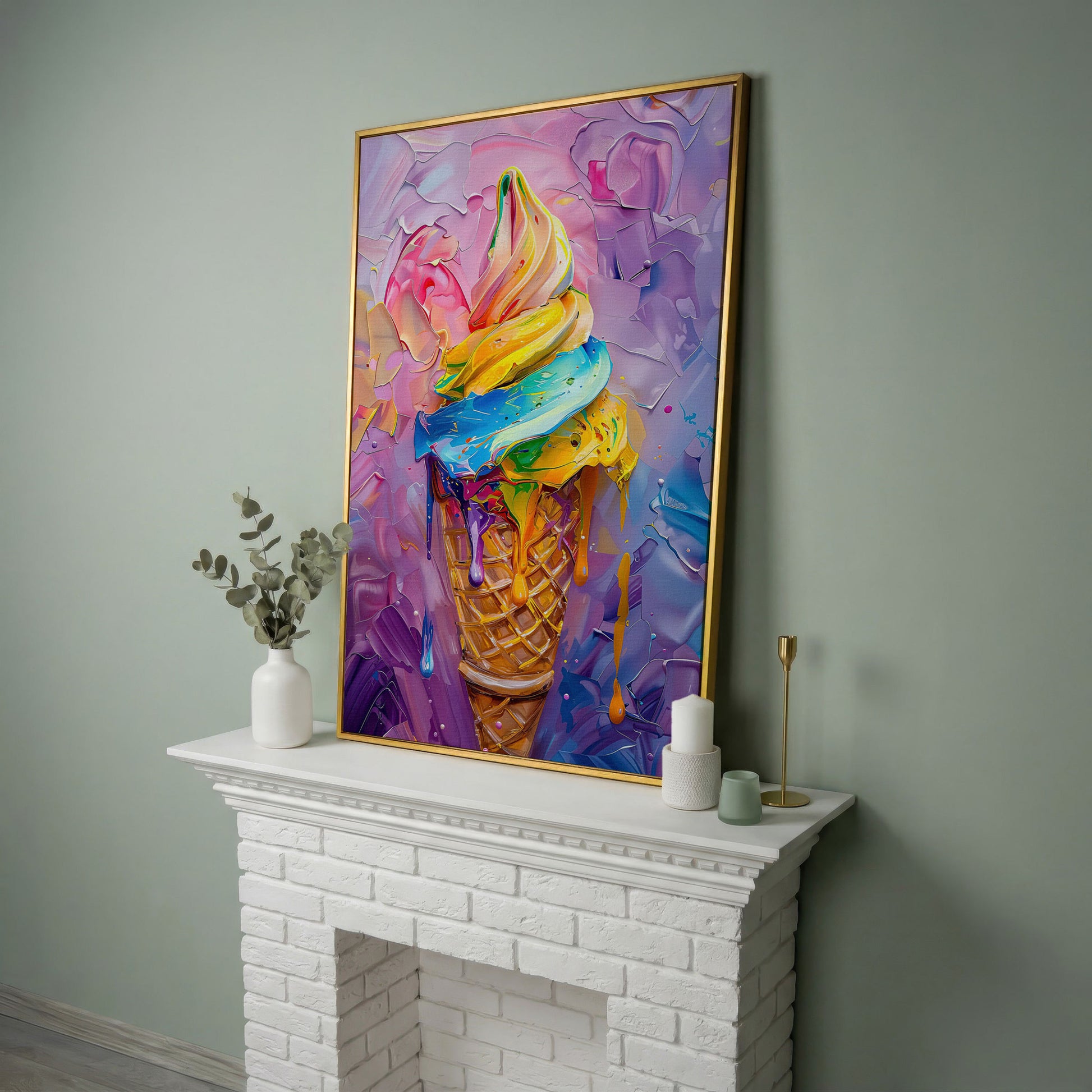 Rainbow Ice Cream Canvas Print for Kids in yellow gold floating frame
