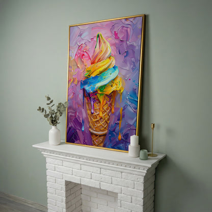 Rainbow Ice Cream Canvas Print for Kids in yellow gold floating frame