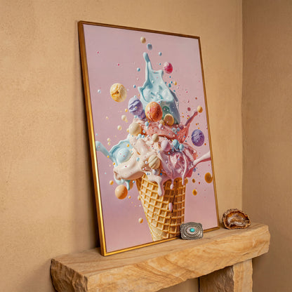 Pastel Ice Cream Canvas Print with Soft Color Palette in antique gold floating frame