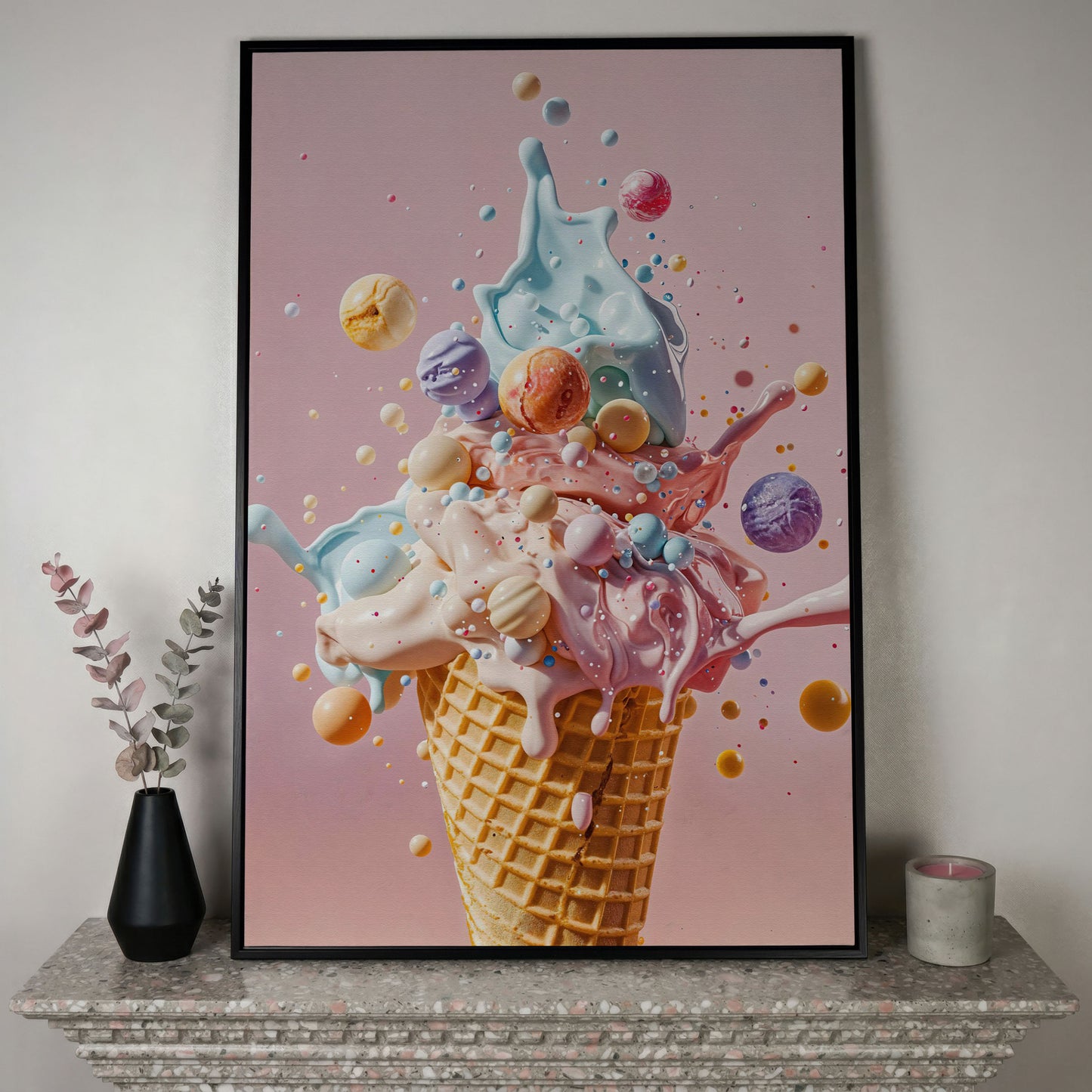 Pastel Ice Cream Canvas Print with Soft Color Palette in black floating frame
